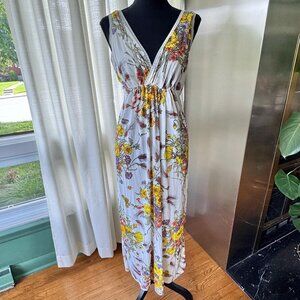 Vintage 80s night dress, orange yellow floral nightgown, deep V neckline